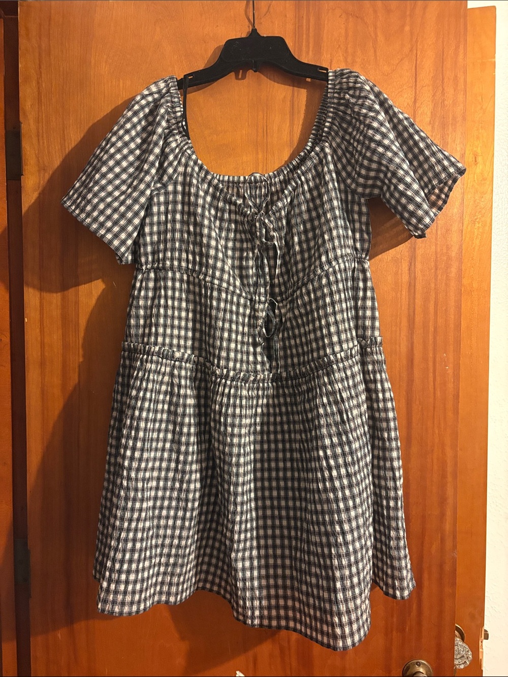 Ganni Navy and Green Gingham Tiered Dress